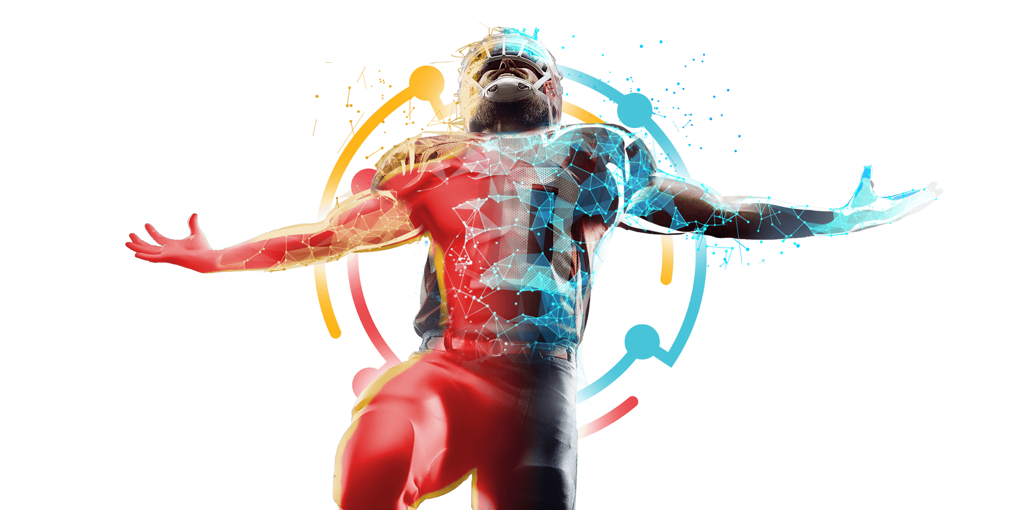 Composite image of football player with body composition scan data in a stadium with fans and lights